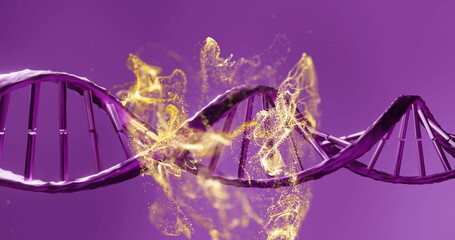 DNA strand with glowing particles image on purple background