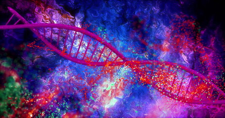 DNA strand and colorful particles, scientific data processing image