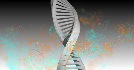 DNA strand with colorful particles, scientific data processing image