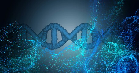 DNA strand and molecular structure image over blue particles background