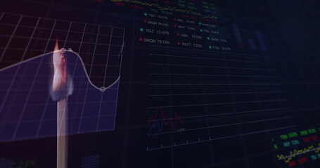 Image of financial data processing over lit match