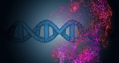 DNA strand with particles and glowing effects, scientific data processing image