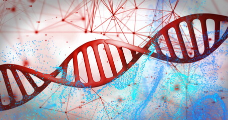 DNA strand and molecular structure image over blue and red background