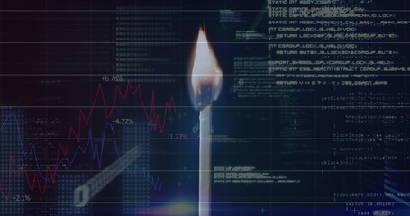 Image of financial data processing over lit match