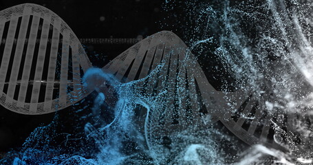 DNA strand with blue and white particles, scientific data processing image