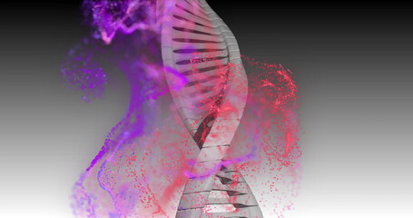 DNA strand with purple and red particles, scientific data processing image