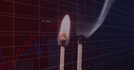 Image of financial data processing over lit match