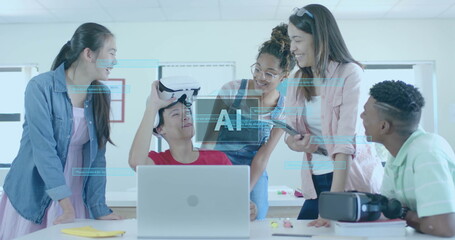 Obraz premium Image of ai data processing over diverse students at school