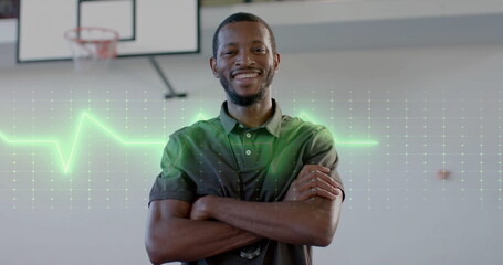 Image of data processing over african american basketball coach on court