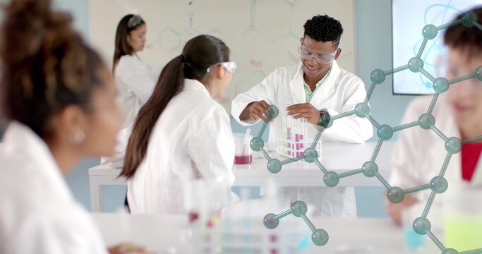 Image of scientific data processing over diverse students in laboratory