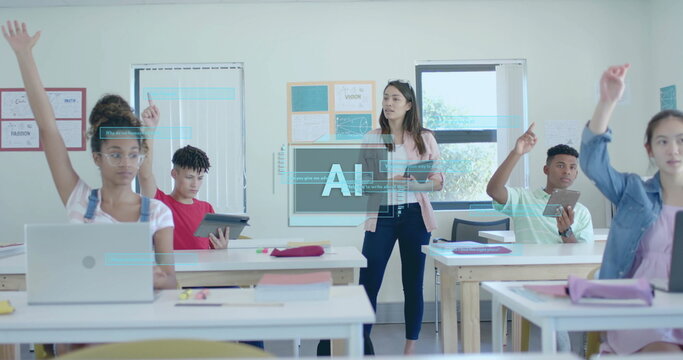 Image of ai data processing over diverse students at school - Powered by Adobe