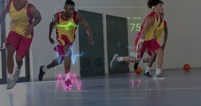 Image of digital data processing over diverse basketball players on court