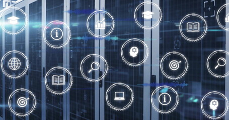 Image of data processing and business icons over server room