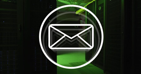 Image of circle and envelope over server room