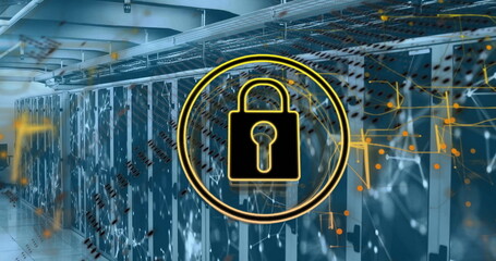 Image of shapes and padlock over server room