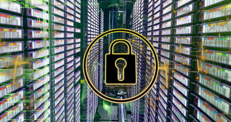 Image of shapes and padlock over server room