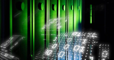 Image of data processing and shapes over server room