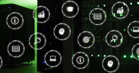 Image of business icons over server room