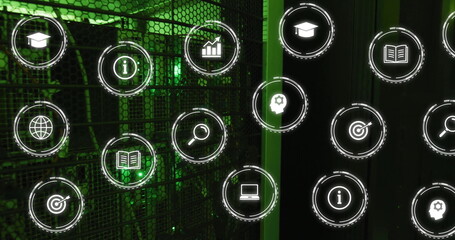 Image of business icons over server room