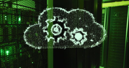 Image of cogs and cloud over server room