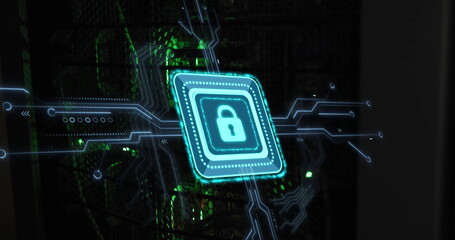 Image of padlock with connections over server room