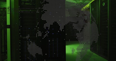 Image of globe and data processing over server room