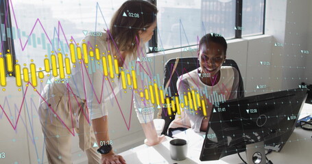 Image of graph processing data over diverse female colleagues talking at desk in casual office