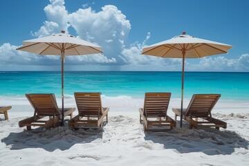 Fototapeta premium Serene beach scene with lounge chairs and umbrellas under a clear blue sky capturing relaxation and natural beauty in a vibrant and peaceful setting