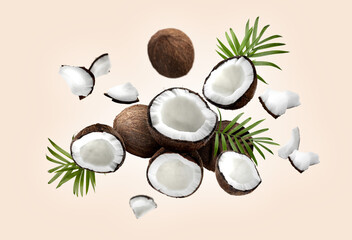 Coconuts and green leaves falling on beige background
