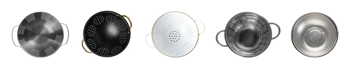 Set of different colanders isolated on white, top view