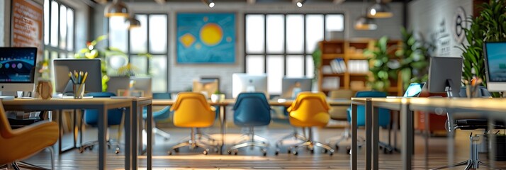 small business office with compact workstations, communal tables, motivational posters, and a bokeh background of softly blurred office supplies and team collaboration, conveying a sense of community 