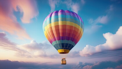Fototapeta premium A colorful hot air balloon floating in a clear sky, with minimal clouds and a soft gradient 