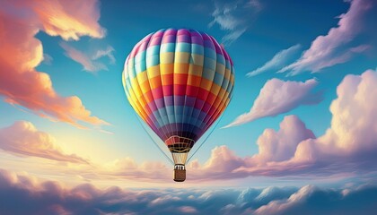 Fototapeta premium A colorful hot air balloon floating in a clear sky, with minimal clouds and a soft gradient