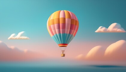 Obraz premium A colorful hot air balloon floating in a clear sky, with minimal clouds and a soft gradient