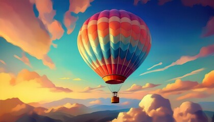 Fototapeta premium A colorful hot air balloon floating in a clear sky, with minimal clouds and a soft gradient