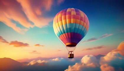 Fototapeta premium A colorful hot air balloon floating in a clear sky, with minimal clouds and a soft gradient