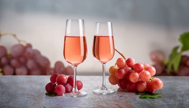 Two delicate wine glasses filled with rose wine, accompanied by a cluster of grapes on a gra 