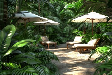 Fototapeta premium Luxurious tropical resort with lounge chairs and umbrellas capturing relaxation and elegance in a serene and vibrant setting