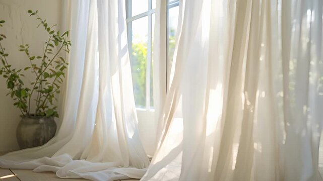 White curtains made from organic cotton hang in the windows allowing for privacy while still letting in natural light.