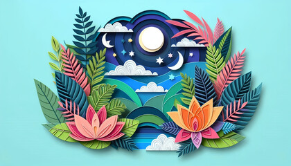 Paper-cut art style, bright colors, layered paper effect