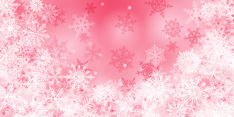 Christmas background of beautiful complex snowflakes located below, white on pink colors. Winter illustration with falling snow.