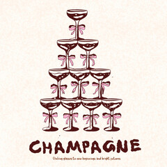 Champagne Tower Illustration Clipart, wedding, wedding stationery and signage, cocktails, champagne glasses clink drawing outline, coquette clipart,  champagne cheers