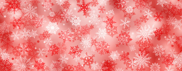 Christmas background of beautiful complex snowflakes, in red colors. Winter illustration with falling snow.