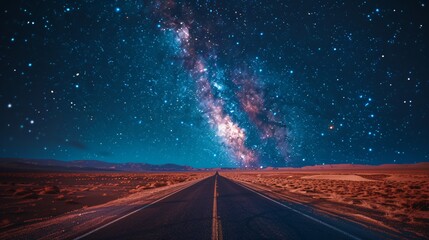 Naklejka premium Long road under a captivating night sky filled with stars and the Milky Way, showcasing the beauty of the universe and endless possibilities.