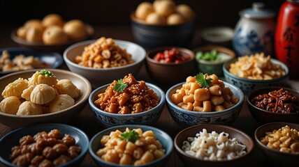 Obraz premium A vibrant assortment of traditional Asian snacks displayed in various bowls, perfect for food photography and culinary presentations.