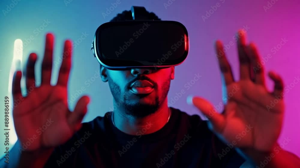 Poster a man wearing a vr headset uses his hands to interact with a virtual reality experience.