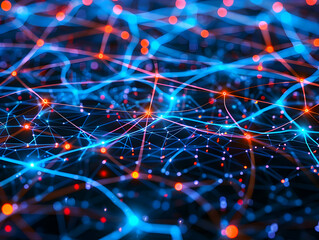 Abstract Background with Blue and Red Lines and Glowing Dots