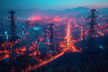 Fototapeta premium Nighttime View of a City With Power Lines and Streetlights