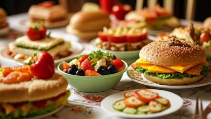  Delicious assortment of gourmet burgers and salads on a table