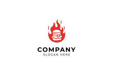 Burger fast food logo with burning flames in flat design style